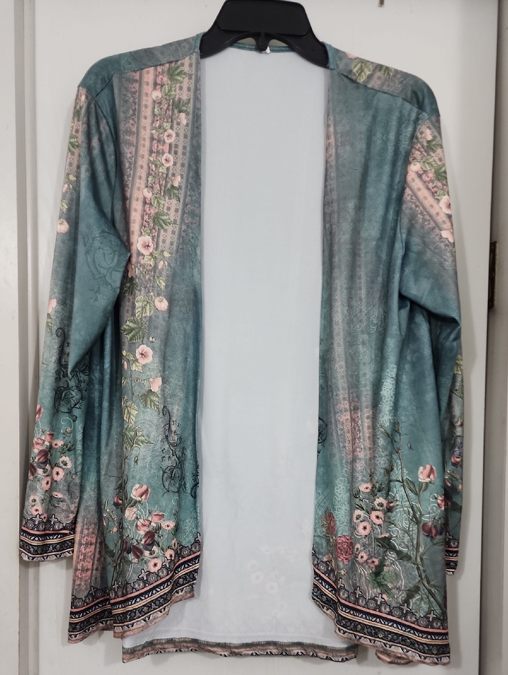 Floral Border Open Front Cardigan in Teal and Blush